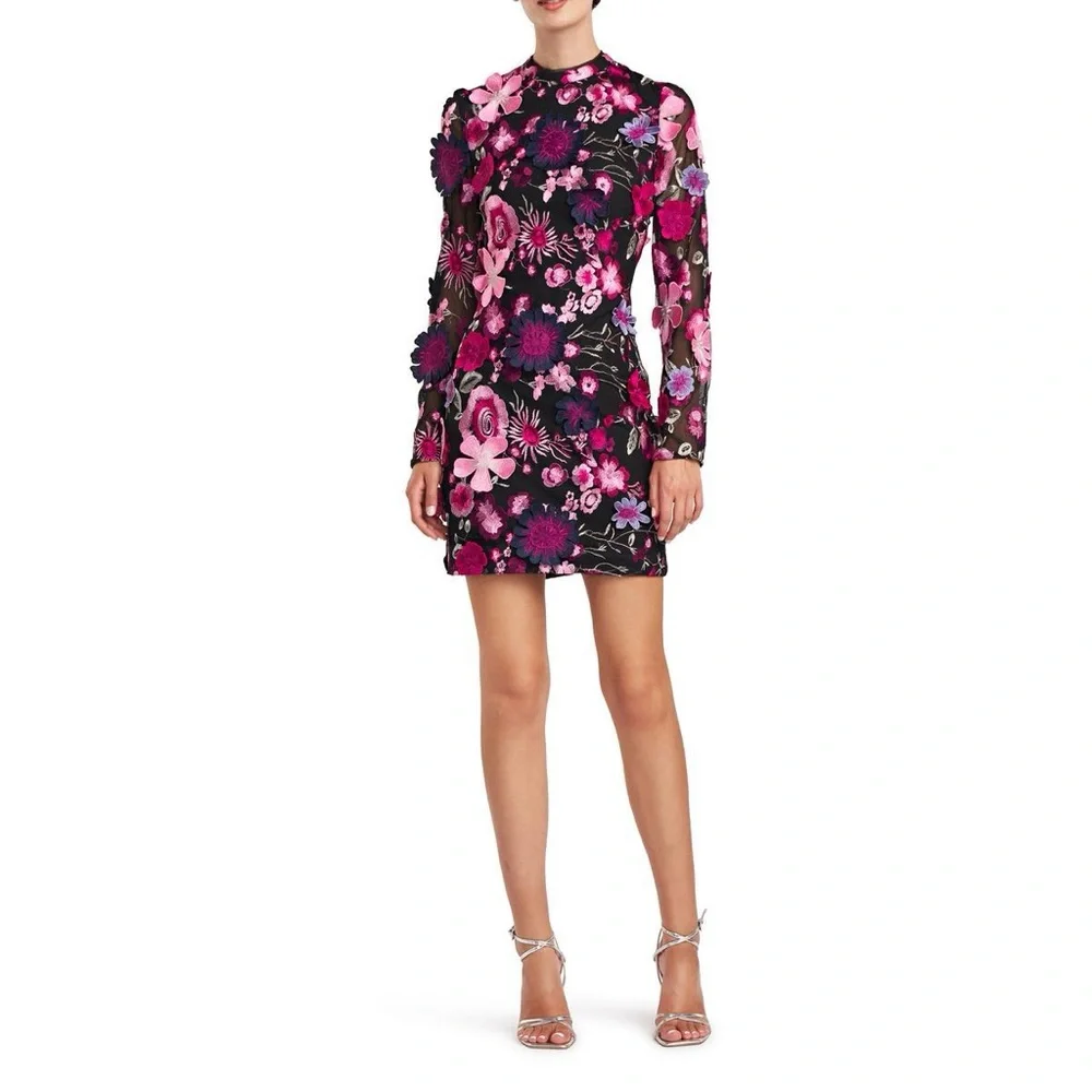 Monique Lhuillier Pink and Black Floral Long Sleeve Dress - Picture 1 of 7